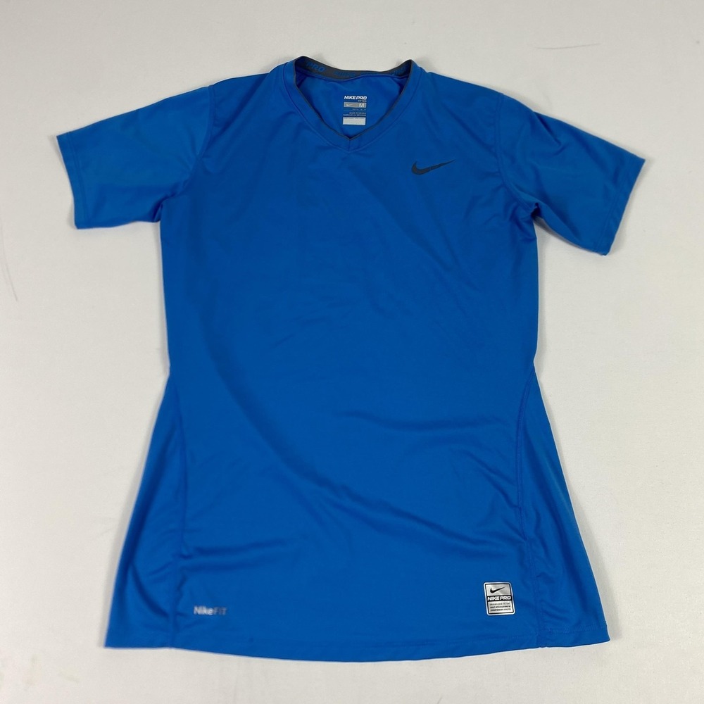 Nike Pro Shirt Boys Medium Blue V Neck Fitted NikeFIT Short Sleeve Training
